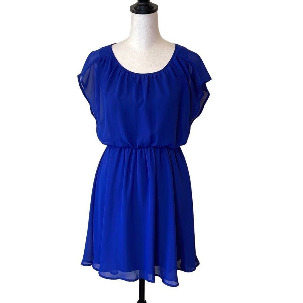 Lush Women's Mini‎ Dress Elastic Wiast Flutter Sleeve Flare Swing Blue Size XS